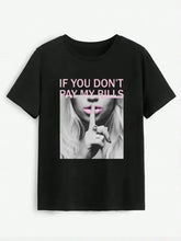 Black short-sleeved round neck t-shirt with shhh gesture and don’t pay bills design