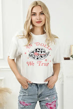 IN DOLLY WE TRUST Round Neck T-Shirt with cow print cowboy hat, short sleeve