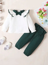 Infant girl’s long-sleeve ruffled collar top and green pants set