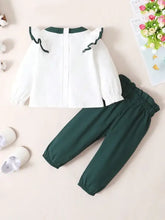 Infant long sleeve ruffled collar top and green pants set