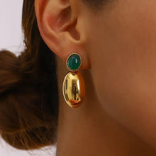 Inlaid agate drop 18k gold-plated stainless steel earrings with green gemstone
