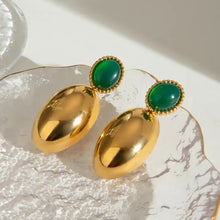 Inlaid agate drop 18k gold-plated stainless steel earrings with green ovals