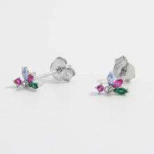 Sterling silver geometric stud earrings with colorful zircon clusters