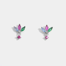 Colorful leaf-shaped sterling silver geometric stud earrings with pink zircon gems