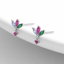 Sterling silver geometric stud earrings with colorful marquise and dangling pink gems