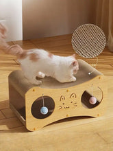 Interactive cat scratcher lounge bed with toy balls and pom-poms