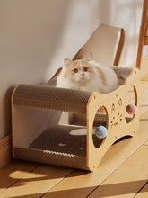 Interactive cat scratcher lounge bed with toy balls and pom-poms