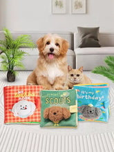 Three interactive crinkle book pet sound toys with plush dog faces
