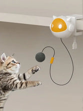 Interactive hanging cat teaser toy with white orange cat shape ABS plastic gray fuzzy ball