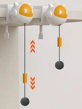 Interactive hanging cat teaser toy with white orange cat shape and gray fuzzy balls