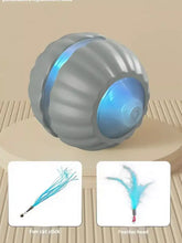 Grauer interaktiver LED-Soundball mit Federköder und leuchtendem blauem Zentrum