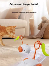 White and orange robotic cat pet teaser toy with green appendages, orange wheels