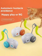 Three colorful robot cat pet teaser toys with orange wheels and chives