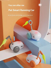 Back view of interactive pet teaser toy: white robotic cat with orange wheels, pastel colors, green leash