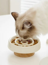 White ceramic interactive slow feeder cat bowl with wooden base
