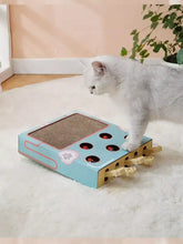 Interaktive Katzen-Spielbox „Mau-Mau“ mit hellblauem Wellpapp-Kratzbrett