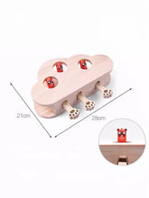 Wooden cat puzzle toy with cloud shape, red animals and paw pegs