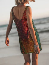 Iridescent multicolored sequin mini dress with open back and metallic accents