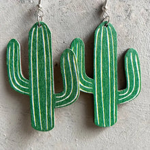 Green cactus hook wooden earrings with white stripes
