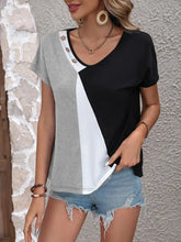 Ivy Lane color block V-neck top with decorative button details in black, white, gray