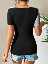 Ivy Lane Contrast short sleeve ribbed knit cutout top in black with grey sleeve