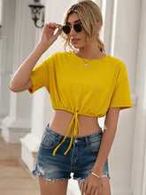 Ivy Lane drawstring round neck short sleeve yellow crop top