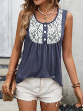 Navy blue ivy lane lace scoop neck tank with white floral lace panel and button details sleeveless top