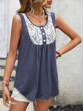 Blue sleeveless ivy lane lace scoop neck tank with white lace detailing and button front closure