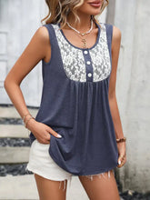 Navy blue sleeveless ivy lane lace scoop neck tank with white floral lace panel and button details