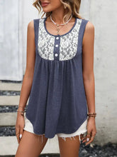 Navy blue ivy lane lace scoop neck tank with a white floral lace panel and three buttons down the front