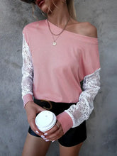 Ivy Lane Lace round neck dropped shoulder pink ribbed top with lace sleeves