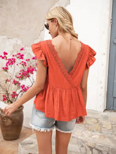 Ivy Lane lace detail round neck peplum T-shirt in orange with ruffled sleeves