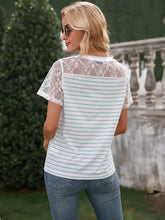 Ivy Lane lace detail striped V-neck T-shirt with short sleeve length