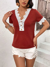 Ivy Lane Lace Detail V-Neck Short Sleeve T-Shirt with White Trim