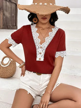 Ivy Lane Lace rust red ribbed short sleeve V-neck T-shirt