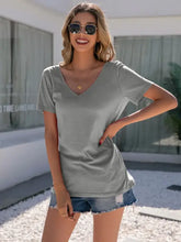 Ivy Lane Lace gray V-neck short sleeve t-shirt with moderate stretch