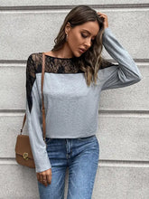 Ivy Lane Lace round neck tee in gray with black lace yoke and sleeves