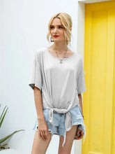 Ivy Lane Slit Boat Neck Half Sleeve T-Shirt Light Gray Woman T Shirts