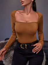 Ivy Lane square neck brown ribbed long sleeve top