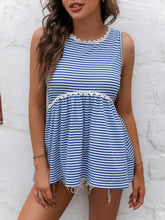Blue and white ivy lane striped lace round neck sleeveless top with lace trim and flared skirt section