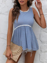 Blue and white ivy lane striped lace round neck sleeveless top with lace trim at neckline and waistband