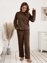 Brown plush two-piece ivy lane teddy lounge set with long sleeve top and pants for cozy wear