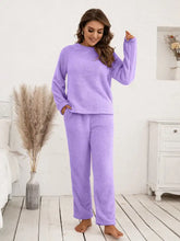 Ivy lane teddy long sleeve top and pants lounge set in cozy lavender fleece with soft plush texture and relaxed long sleeve fit