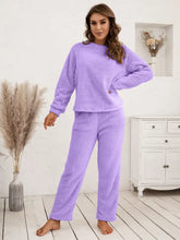 Lavender fuzzy fleece Ivy Lane Teddy long sleeve top and pants lounge set with cozy long sleeve length for comfort