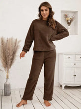 Brown ivy lane teddy long sleeve top and pants lounge set with plush fleece fabric and cozy soft texture for comfort