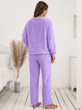 Lavender plush fleece ivy lane teddy long sleeve top and pants lounge set showing long sleeve length and cozy material
