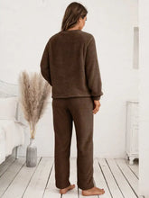 Brown fuzzy ivy lane teddy long sleeve top and pants lounge set featuring cozy long sleeve length for comfort