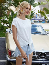 Woman in Ivy Lane Tied Eyelet Round Neck Cap Sleeve T-Shirt