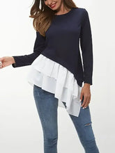 Ivy Lane tiered contrast round neck long sleeve navy blue T-shirt with white ruffled asymmetrical hem