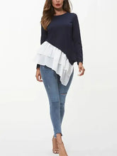 Ivy Lane tiered contrast round neck long sleeve navy blue top with white ruffled asymmetrical hem